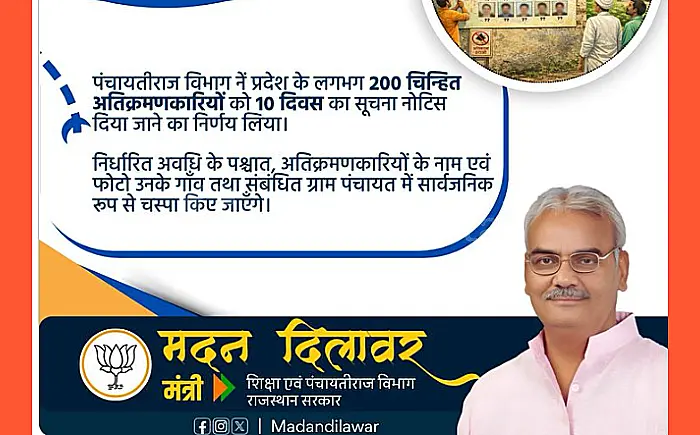 राजस्थान में अतिक्रमणकारियों की अब खैर नहीं: गांव-गांव लगेंगे 'शर्मसार' करने वाले पोस्टर, मदन दिलावर का सख्त फरमान